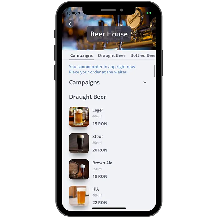 Readonly menu on koko app interface